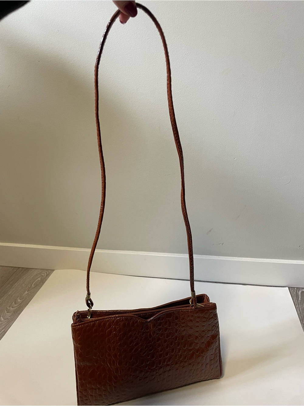 80s 90s Vintage Sweet Spots Cougar Faux Croc Baguette Shoulder Bag Cognac Brown - Picture 2 of 11